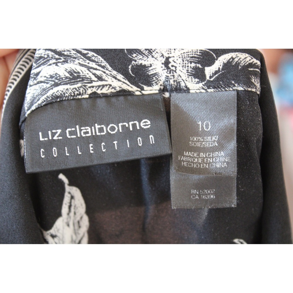 Vtg Liz Claiborne 10 Black Silk Floral Camp Collar Short Sleeve Button Top Shirt - Picture 5 of 7